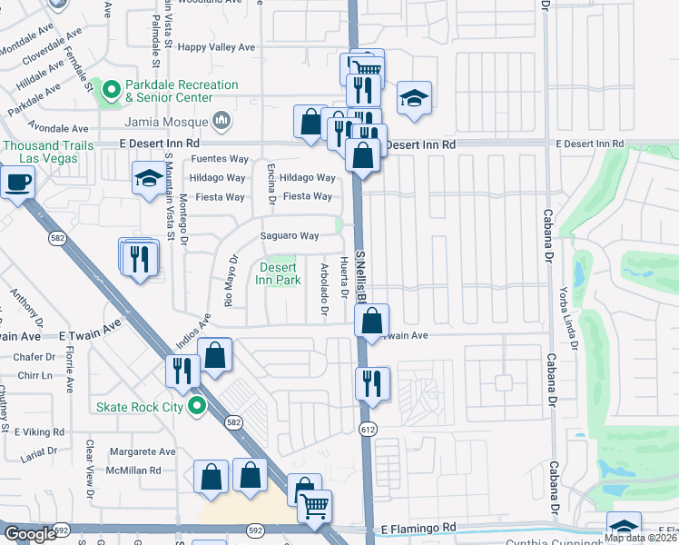 map of restaurants, bars, coffee shops, grocery stores, and more near 3603 Huerta Drive in Las Vegas