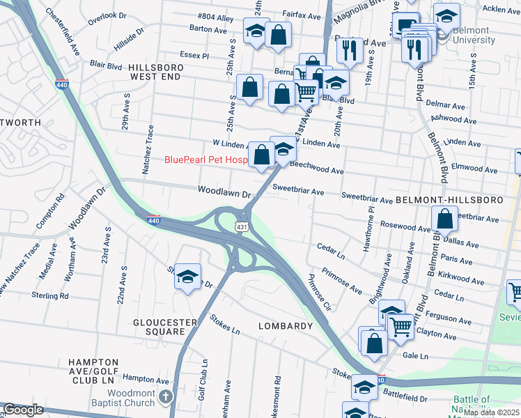 map of restaurants, bars, coffee shops, grocery stores, and more near 2600 Hillsboro Pike in Nashville