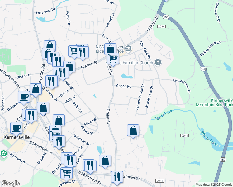 map of restaurants, bars, coffee shops, grocery stores, and more near 307 Gralin Street in Kernersville