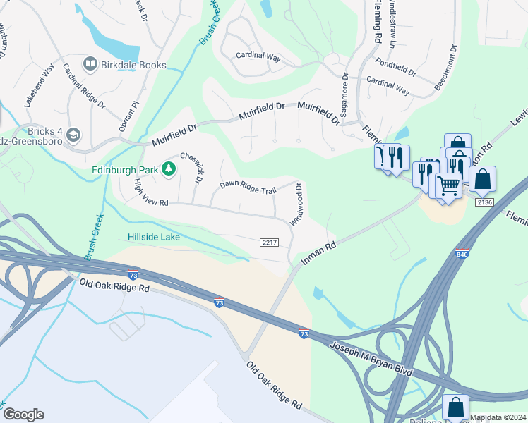 map of restaurants, bars, coffee shops, grocery stores, and more near 6004 High View Road in Greensboro