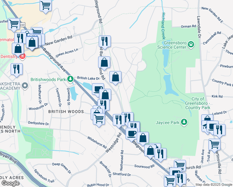 map of restaurants, bars, coffee shops, grocery stores, and more near 3501 Old Battleground Road in Greensboro