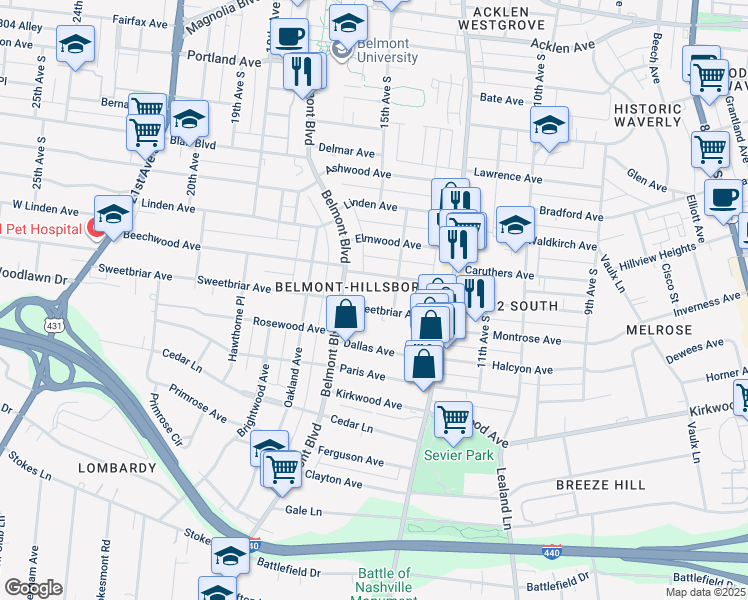 map of restaurants, bars, coffee shops, grocery stores, and more near 1514 Sweetbriar Avenue in Nashville