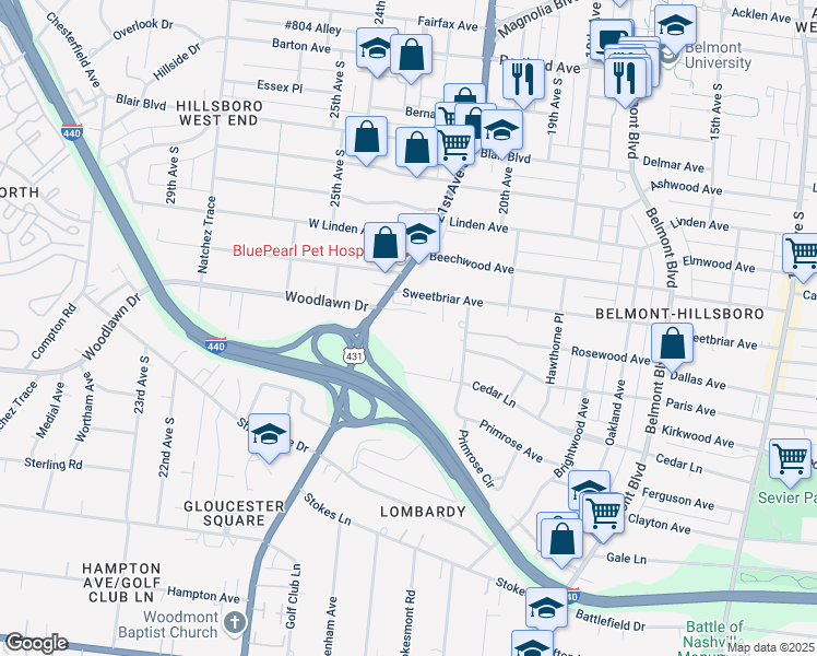 map of restaurants, bars, coffee shops, grocery stores, and more near 2600 Hillsboro Pike in Nashville
