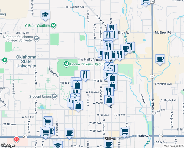 map of restaurants, bars, coffee shops, grocery stores, and more near 222 North Duncan Street in Stillwater