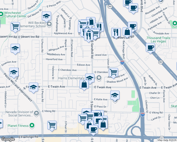 map of restaurants, bars, coffee shops, grocery stores, and more near 3617 South Sandhill Road in Las Vegas