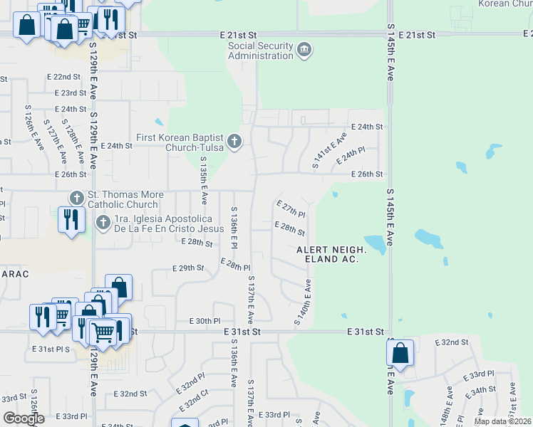 map of restaurants, bars, coffee shops, grocery stores, and more near 2748 South 138th East Avenue in Tulsa