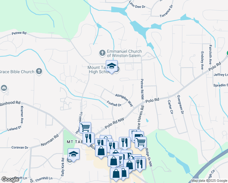 map of restaurants, bars, coffee shops, grocery stores, and more near 1281 Abingdon Way in Winston-Salem