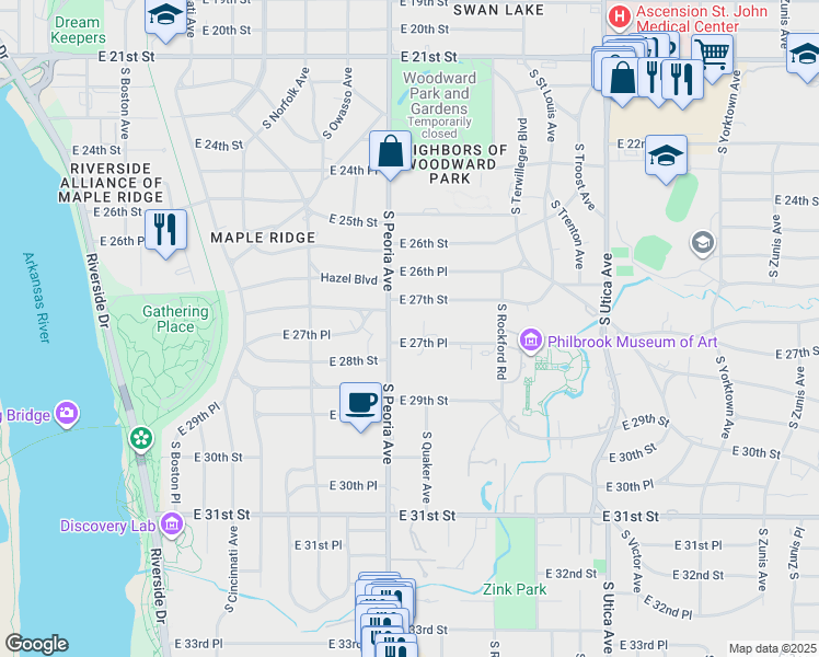 map of restaurants, bars, coffee shops, grocery stores, and more near 1315 East 27th Place in Tulsa