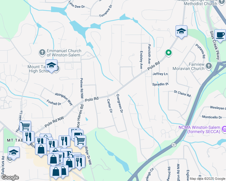 map of restaurants, bars, coffee shops, grocery stores, and more near 2709 Polo Road in Winston-Salem