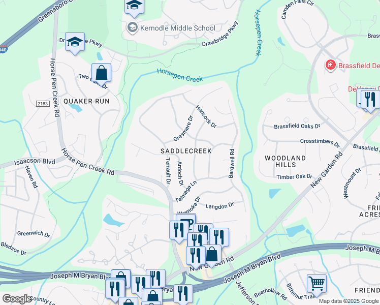 map of restaurants, bars, coffee shops, grocery stores, and more near 3010 Bannock Lane in Greensboro