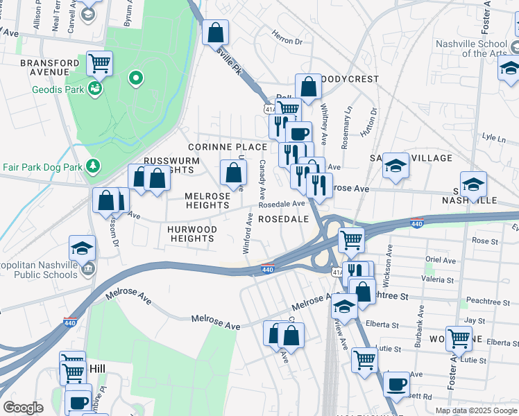 map of restaurants, bars, coffee shops, grocery stores, and more near 2202 Winford Avenue in Nashville