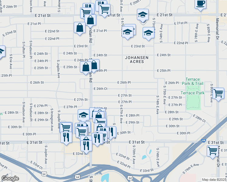 map of restaurants, bars, coffee shops, grocery stores, and more near 6616 East 26th Court in Tulsa