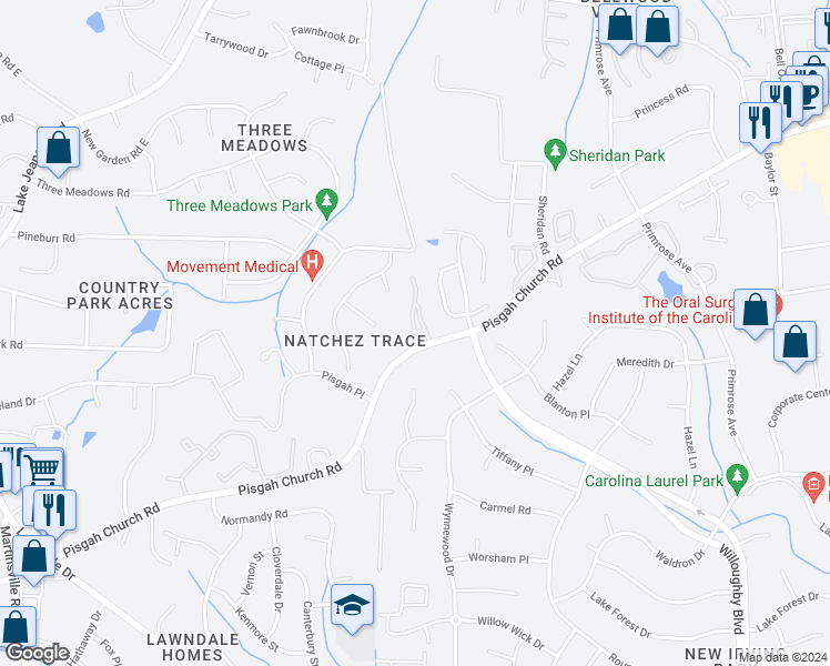 map of restaurants, bars, coffee shops, grocery stores, and more near Torrington Way in Greensboro