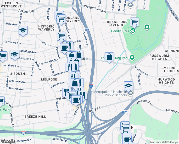 map of restaurants, bars, coffee shops, grocery stores, and more near 2520 White Avenue in Nashville