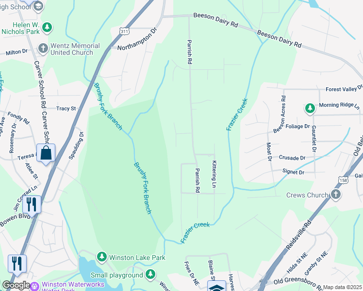 map of restaurants, bars, coffee shops, grocery stores, and more near 3371 Big Woods Road in Winston-Salem