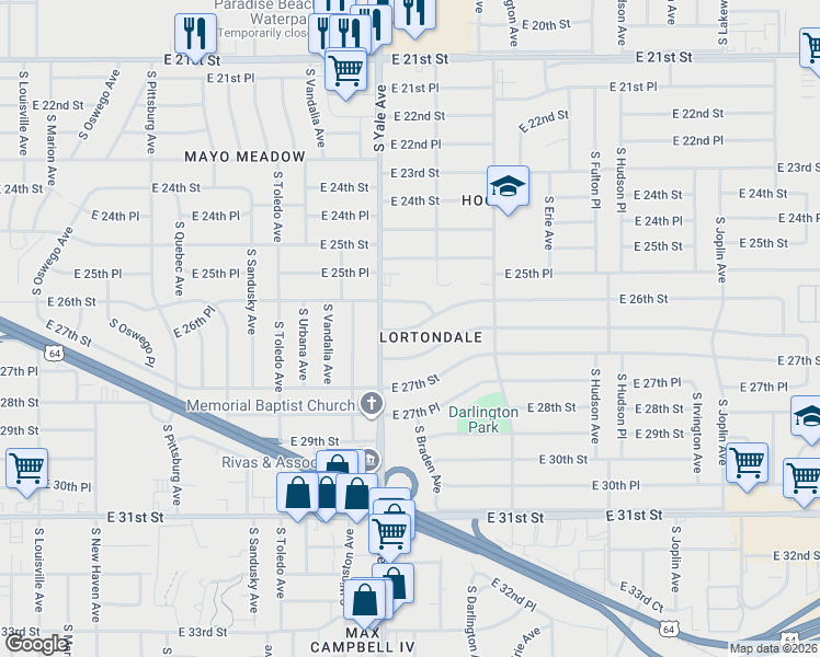 map of restaurants, bars, coffee shops, grocery stores, and more near 4999 East 26th Street in Tulsa