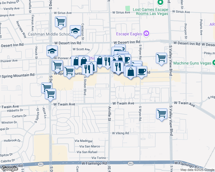 map of restaurants, bars, coffee shops, grocery stores, and more near 3555 South Arville Street in Las Vegas