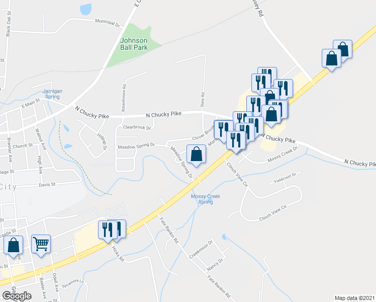 map of restaurants, bars, coffee shops, grocery stores, and more near 1538 Meadow Spring Drive in Jefferson City