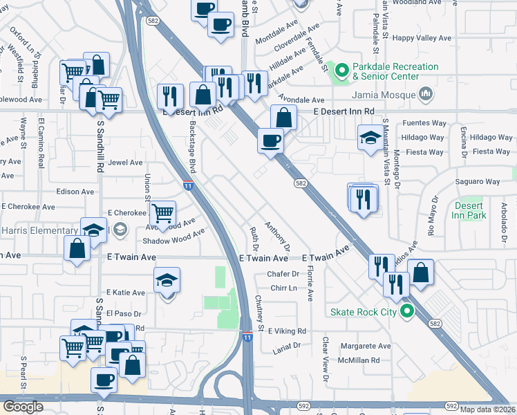 map of restaurants, bars, coffee shops, grocery stores, and more near 3594 Anthony Drive in Las Vegas