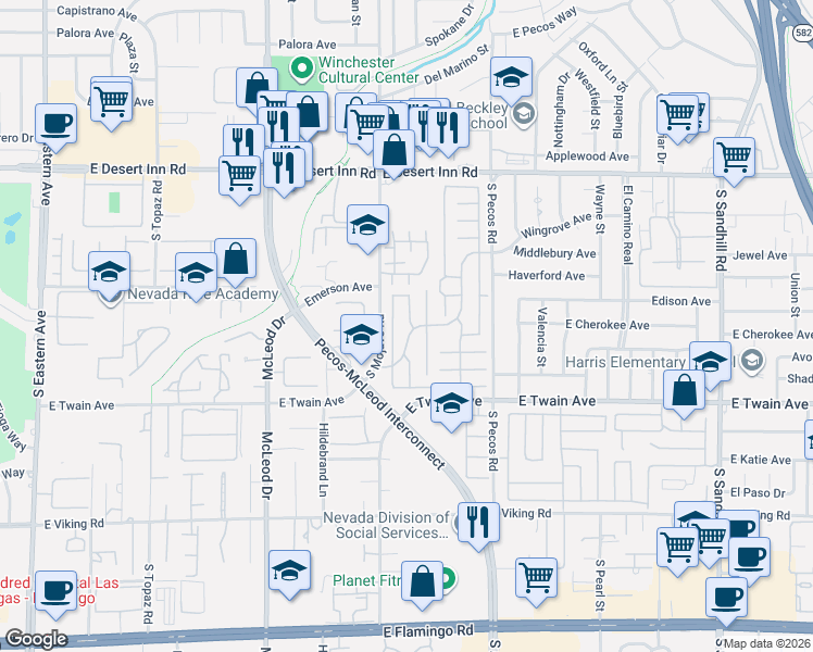 map of restaurants, bars, coffee shops, grocery stores, and more near 3588 South Braewood Drive in Las Vegas