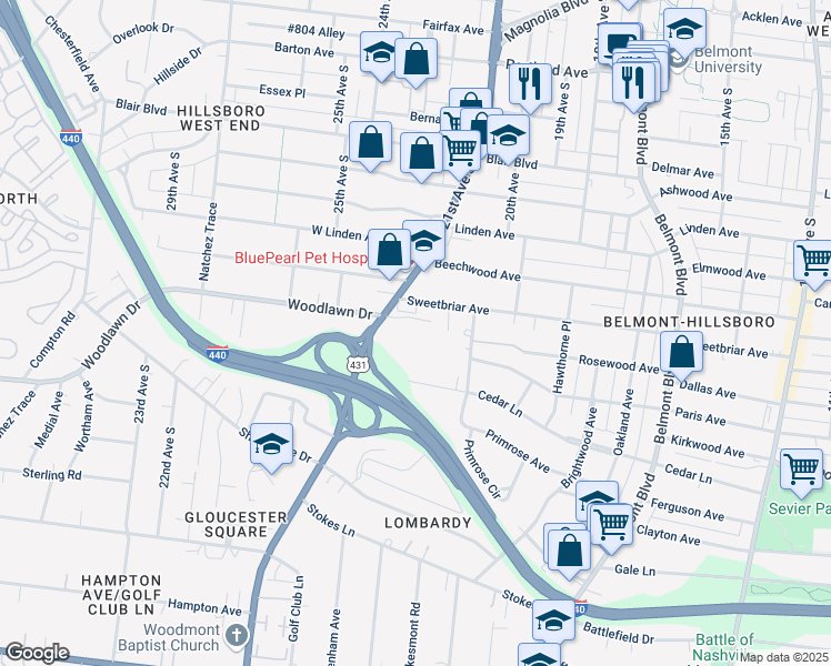 map of restaurants, bars, coffee shops, grocery stores, and more near 2600 Hillsboro Pike in Nashville