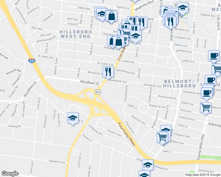 map of restaurants, bars, coffee shops, grocery stores, and more near 2600 Hillsboro Pike in Nashville