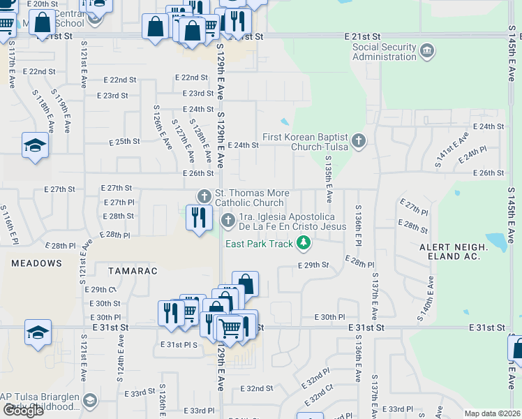 map of restaurants, bars, coffee shops, grocery stores, and more near 13051 East 28th Street in Tulsa
