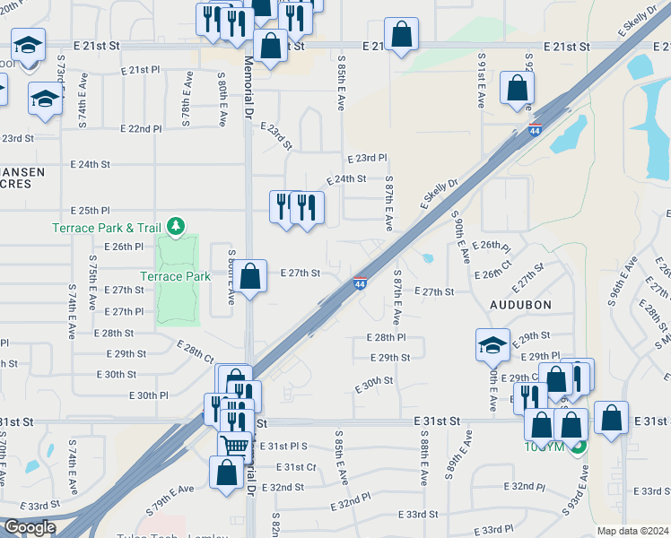 map of restaurants, bars, coffee shops, grocery stores, and more near 8201 East Skelly Drive in Tulsa