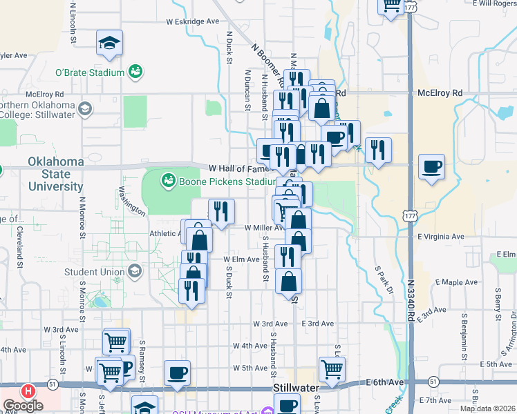 map of restaurants, bars, coffee shops, grocery stores, and more near 220 North Husband Street in Stillwater