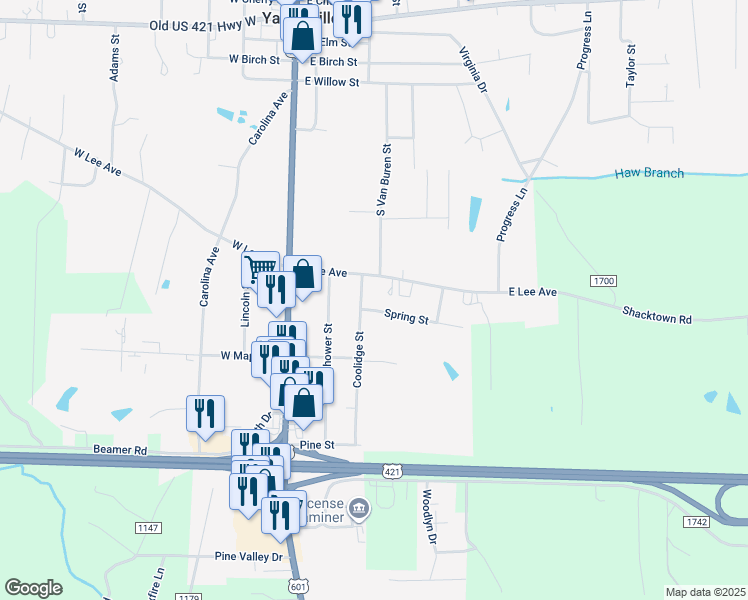 map of restaurants, bars, coffee shops, grocery stores, and more near 301 Spring Street in Yadkinville