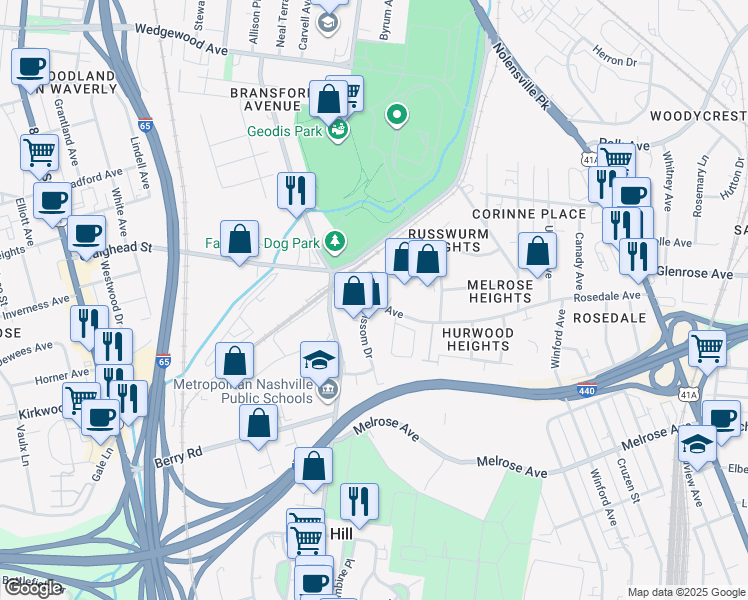 map of restaurants, bars, coffee shops, grocery stores, and more near 2601 Grissom Drive in Berry Hill