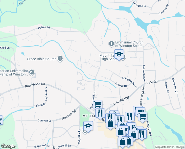 map of restaurants, bars, coffee shops, grocery stores, and more near 3860 Huntingreen Lane Northwest in Winston-Salem
