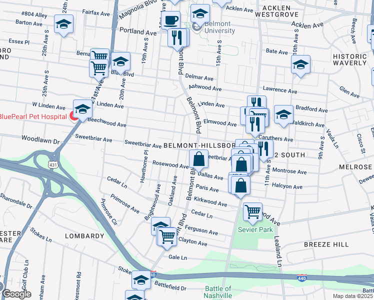 map of restaurants, bars, coffee shops, grocery stores, and more near 1607 Sweetbriar Avenue in Nashville