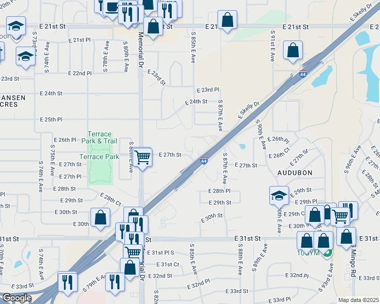 map of restaurants, bars, coffee shops, grocery stores, and more near 2626 South 85th East Avenue in Tulsa