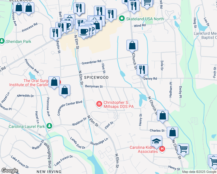 map of restaurants, bars, coffee shops, grocery stores, and more near 307 Berryman Street in Greensboro