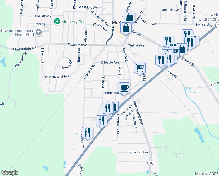 map of restaurants, bars, coffee shops, grocery stores, and more near 80 Linden Street in McKenzie
