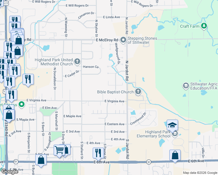 map of restaurants, bars, coffee shops, grocery stores, and more near 1822 East Duke Avenue in Stillwater