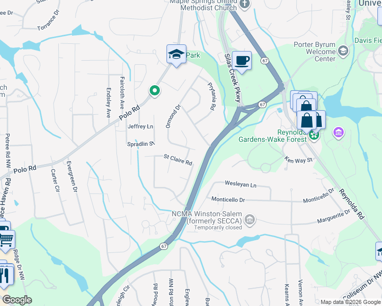 map of restaurants, bars, coffee shops, grocery stores, and more near 2920 Ormond Drive in Winston-Salem