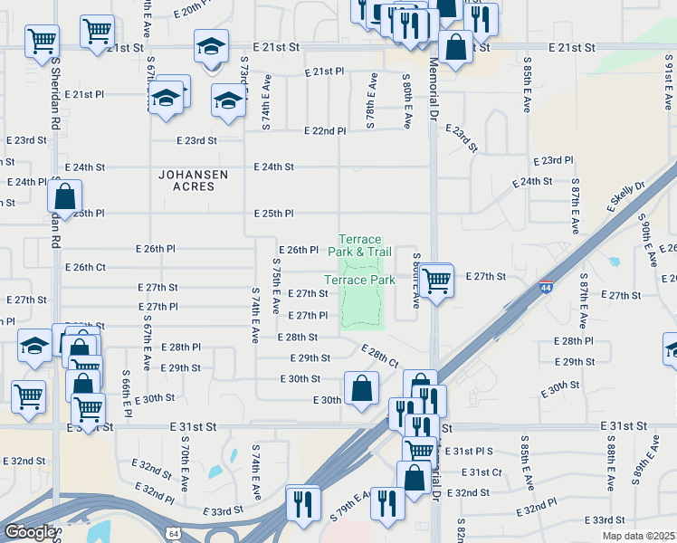 map of restaurants, bars, coffee shops, grocery stores, and more near 7698 East 26th Court in Tulsa