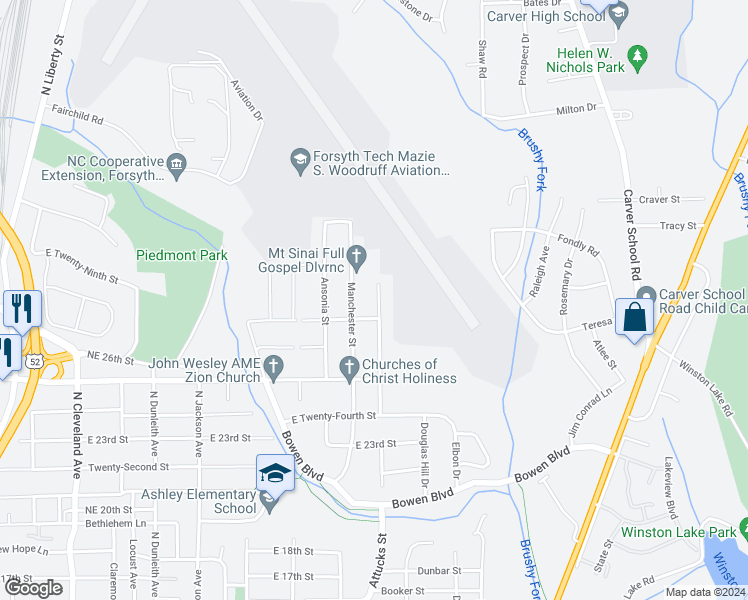 map of restaurants, bars, coffee shops, grocery stores, and more near 2616 Machine Street in Winston-Salem
