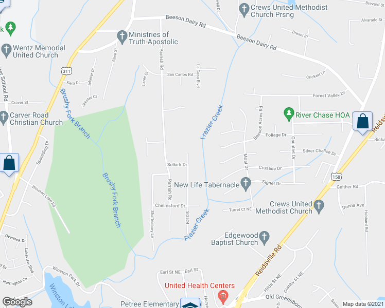 map of restaurants, bars, coffee shops, grocery stores, and more near 3295 Kittering Lane in Winston-Salem