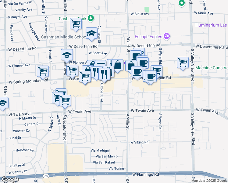 map of restaurants, bars, coffee shops, grocery stores, and more near 3573 Arville Street in Las Vegas