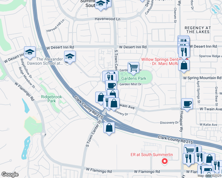 map of restaurants, bars, coffee shops, grocery stores, and more near 3555 South Town Center Drive in Las Vegas