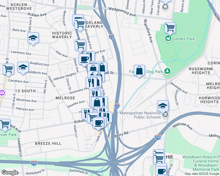 map of restaurants, bars, coffee shops, grocery stores, and more near 2520 White Avenue in Nashville