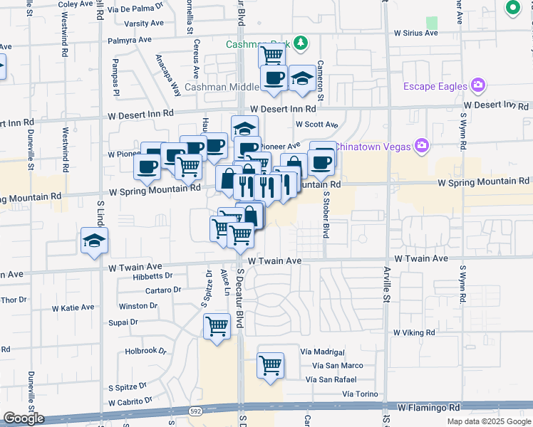 map of restaurants, bars, coffee shops, grocery stores, and more near 3607 Kolendo Court in Las Vegas
