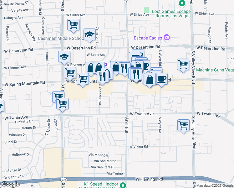 map of restaurants, bars, coffee shops, grocery stores, and more near 3567 Arville Street in Las Vegas