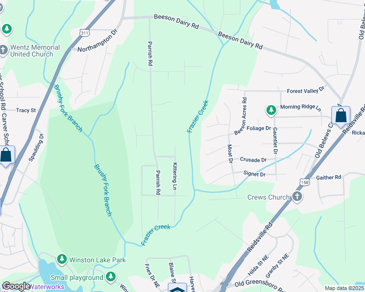 map of restaurants, bars, coffee shops, grocery stores, and more near 3295 Kittering Lane in Winston-Salem