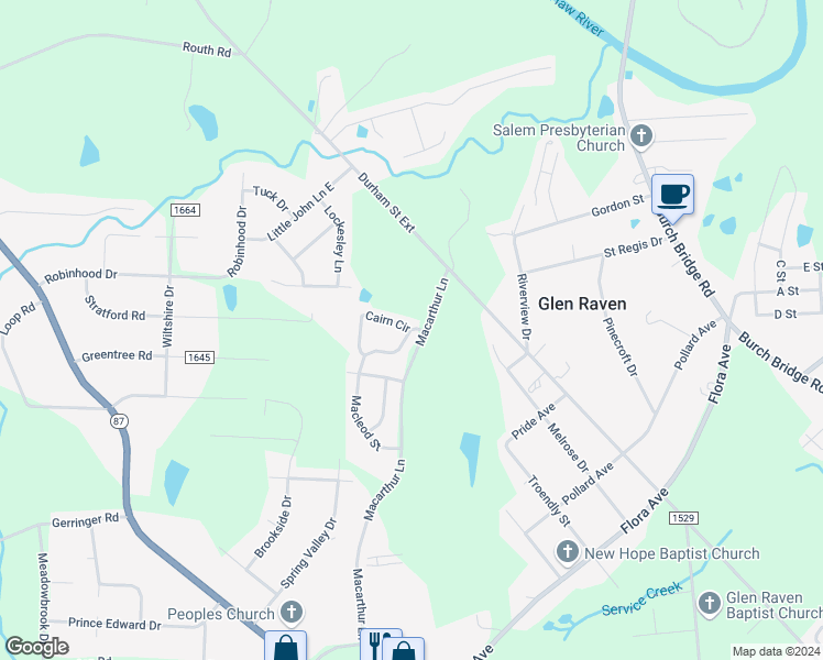map of restaurants, bars, coffee shops, grocery stores, and more near 712 Cairn Circle in Burlington