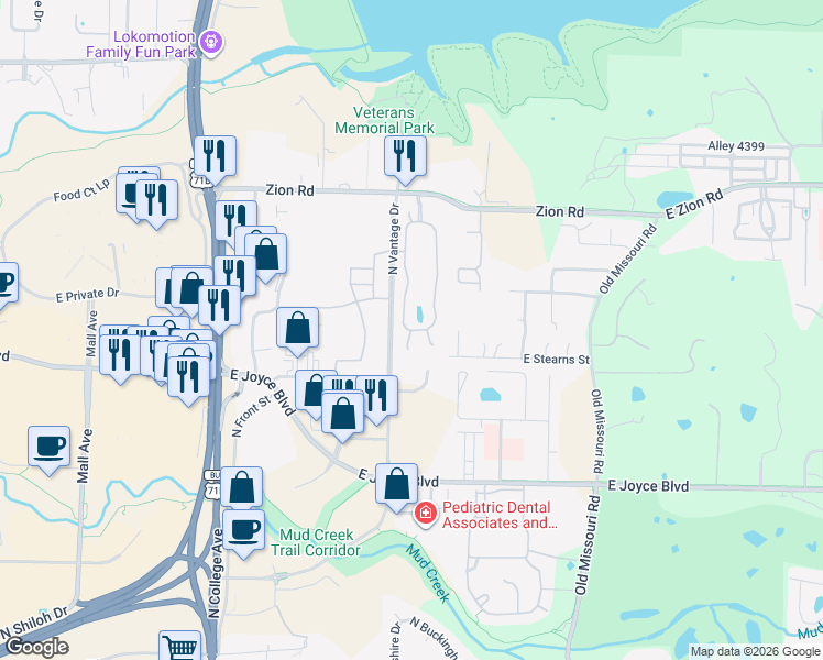 map of restaurants, bars, coffee shops, grocery stores, and more near 4190 North Meadow View Drive in Fayetteville