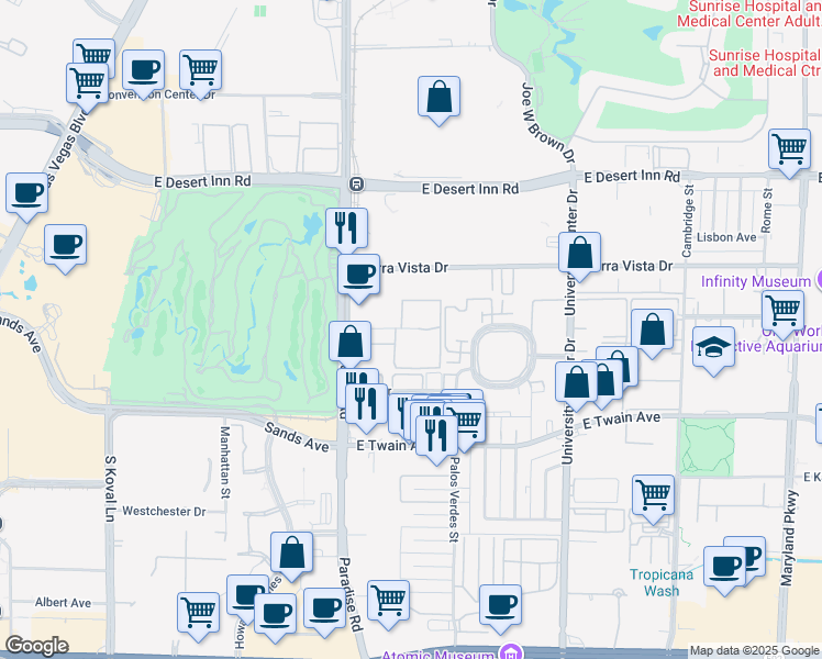 map of restaurants, bars, coffee shops, grocery stores, and more near 3550 Paradise Road in Las Vegas